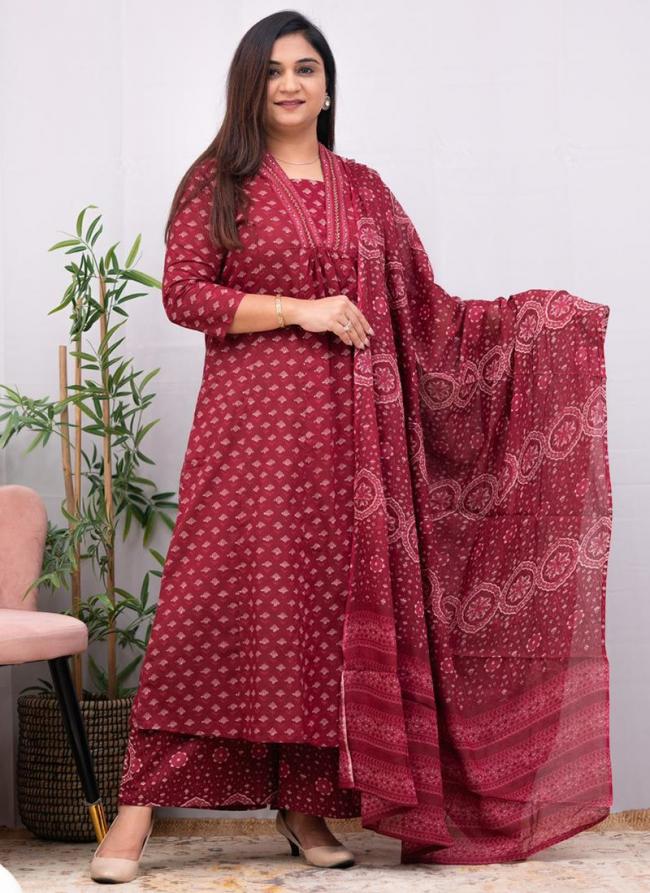 Cotton Red Daily Wear Printed Readymade Salwar Suit